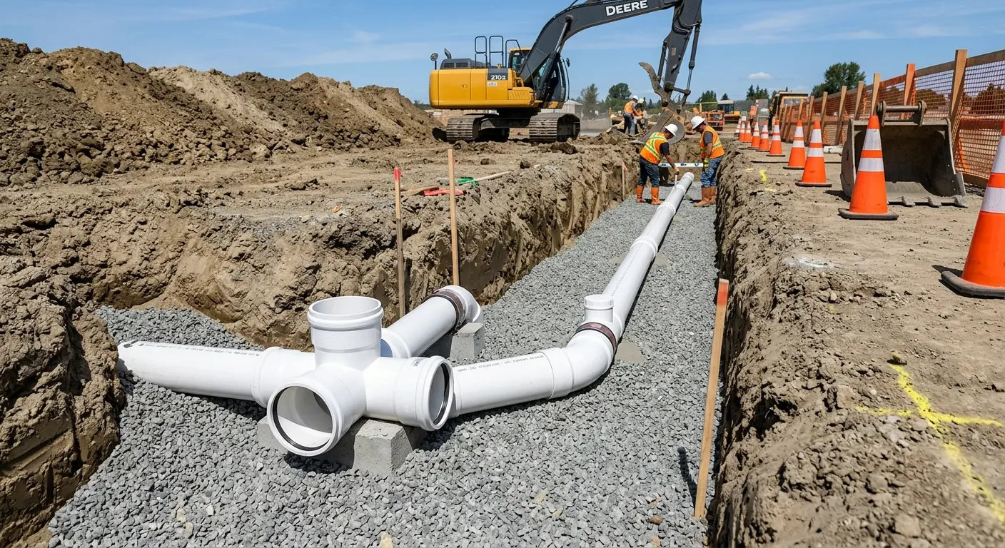 New PVC sewer pipe installation in open trench for Sewer Backup in Jefferson