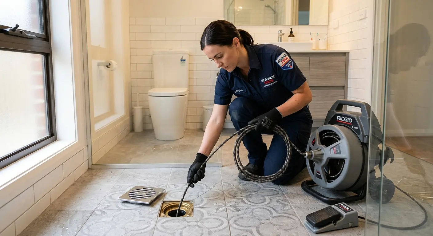 Technician clearing a bathroom floor drain for Drain Cleaning in Jefferson